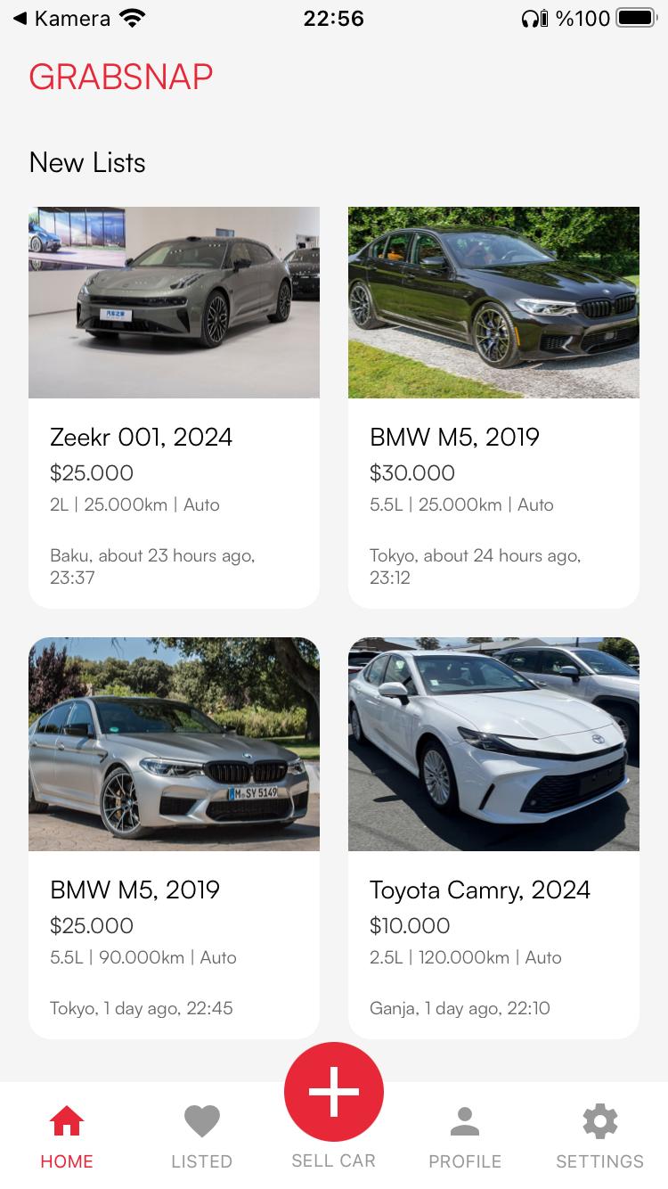 GrabSnap home screen with car listings